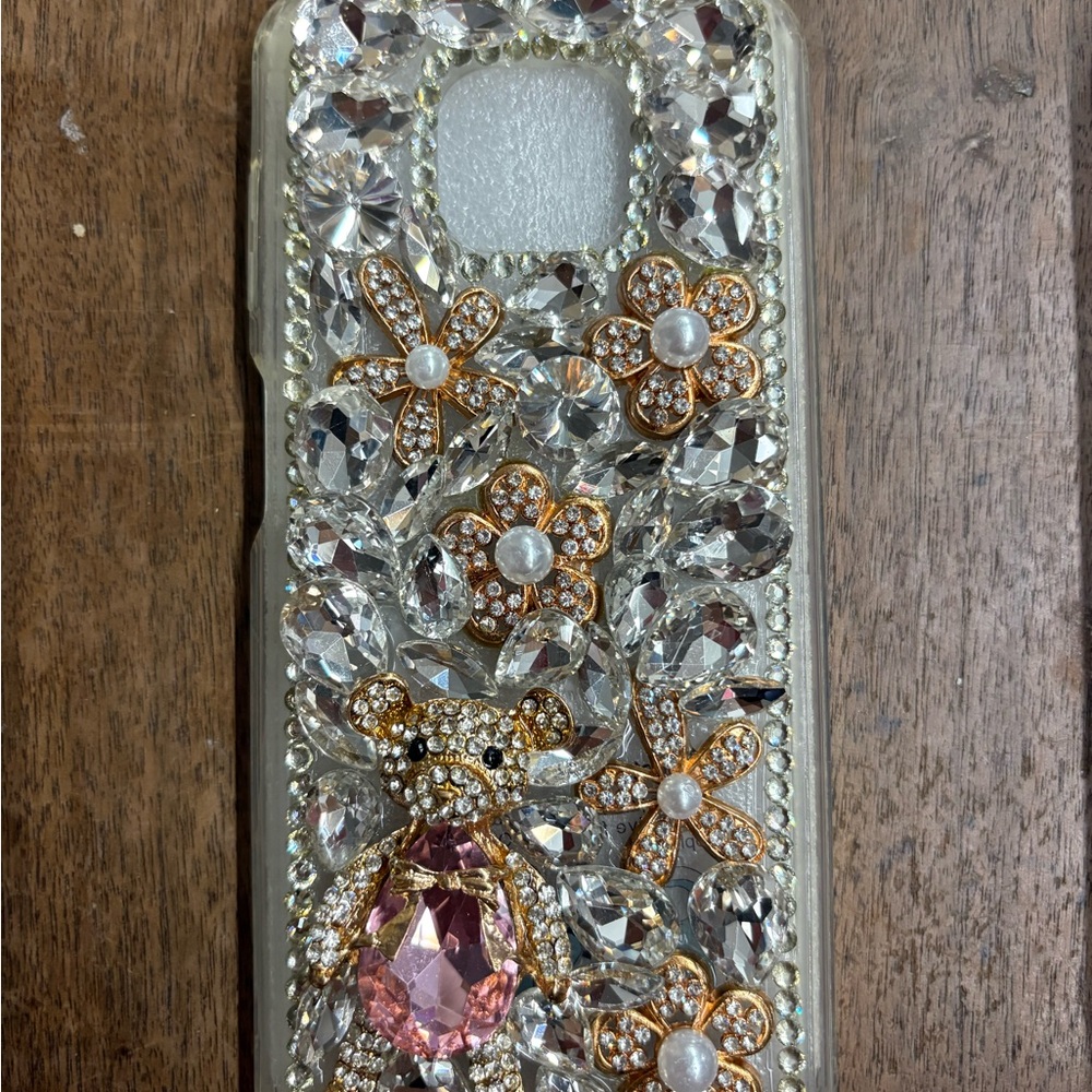 Cute Rhinestone Floral Bear Phone Case For Motorola G Power 2021- Gold and Pink
